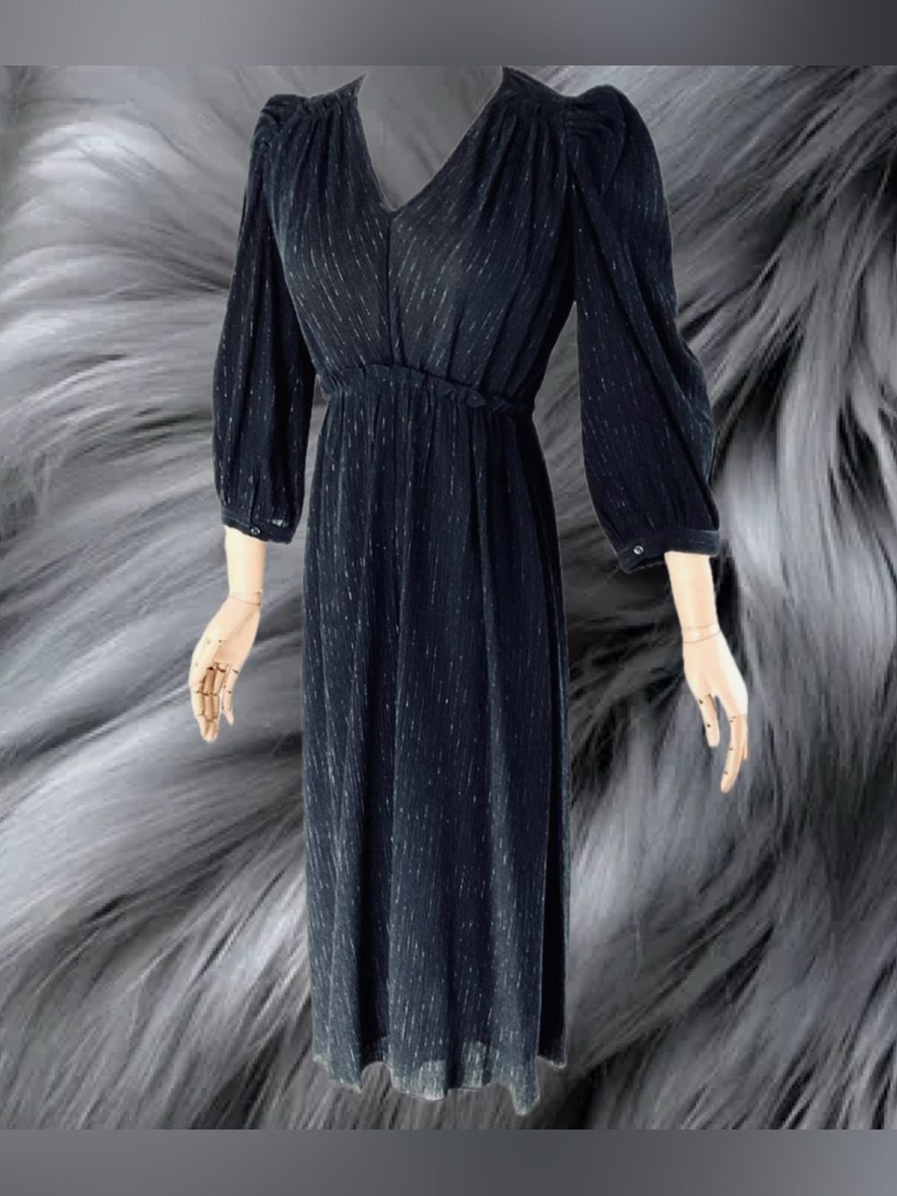 Elegant Black Sparkle Metallic-Striped Midi Dress with Puff Sleeves